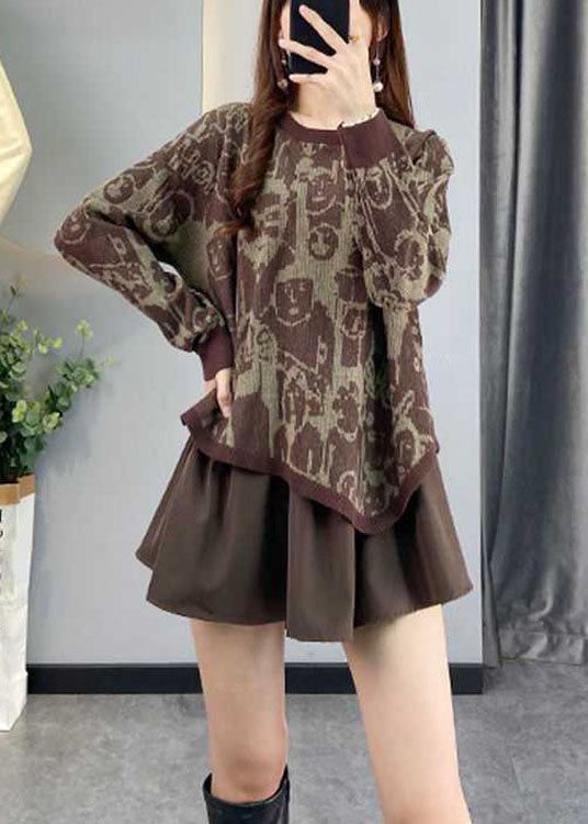 Chocolate Asymmetrical Design Patchwork Print Fall Knit Sweaters