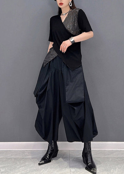 Art Black V Neck Sequins Patchwork Tanks and Wide Leg Pants Two Piece Set Summer