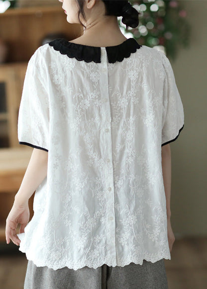 Modern White O-neck Embroideried Patchwork Wrinkled Cotton Top Short Sleeve