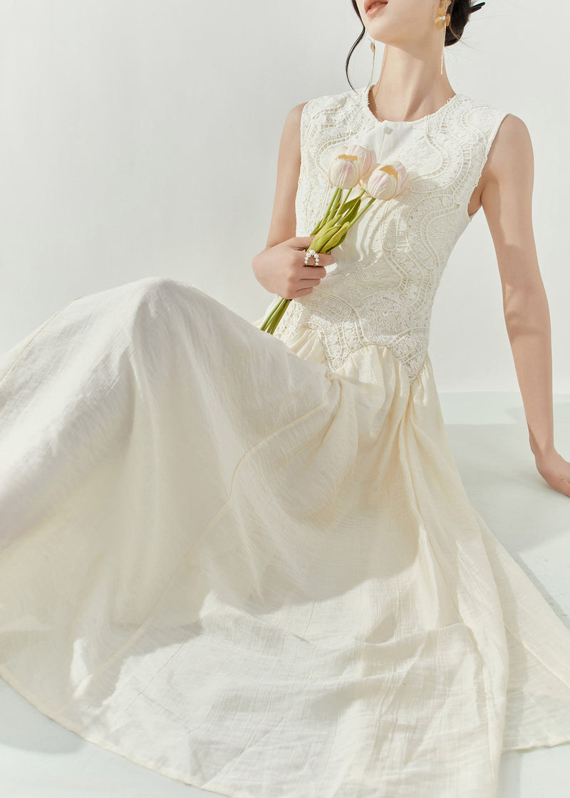 White O-neck Embroidered Patchwork Holiday Long Dress Summer