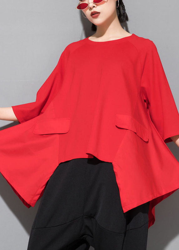 Fitted Red O-neck Patchwork Asymmetrical Design Fall Half Sleeve Top