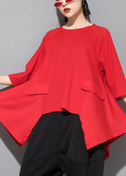 Fitted Red O-neck Patchwork Asymmetrical Design Fall Half Sleeve Top