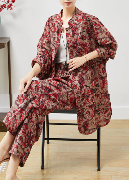 Red Print Chinese Button Linen Two Pieces Set Spring