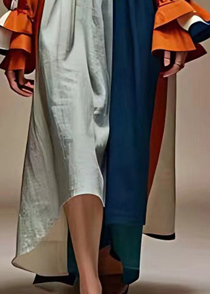 Colorblock Oversized Patchwork Linen Dress Flare Sleeve