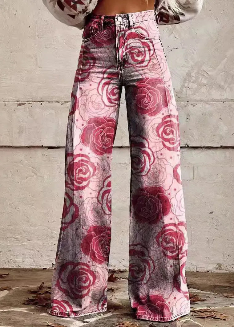 Blue Print Pockets Denim Wide Leg Pants Spring
