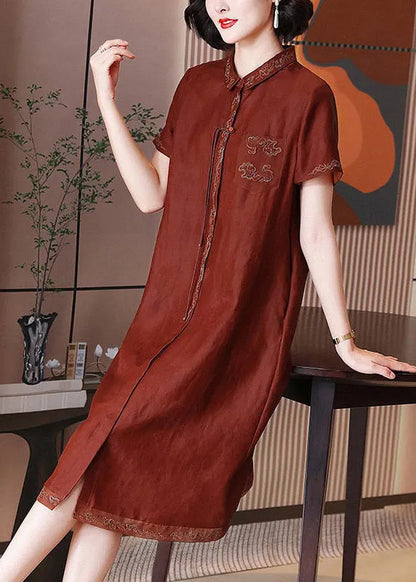 French Red Embroidered Button Pockets Silk Long Dress Summer
