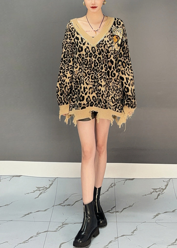 Leopard V Neck Thick Print Hollow Out Cotton Knit Sweaters Winter