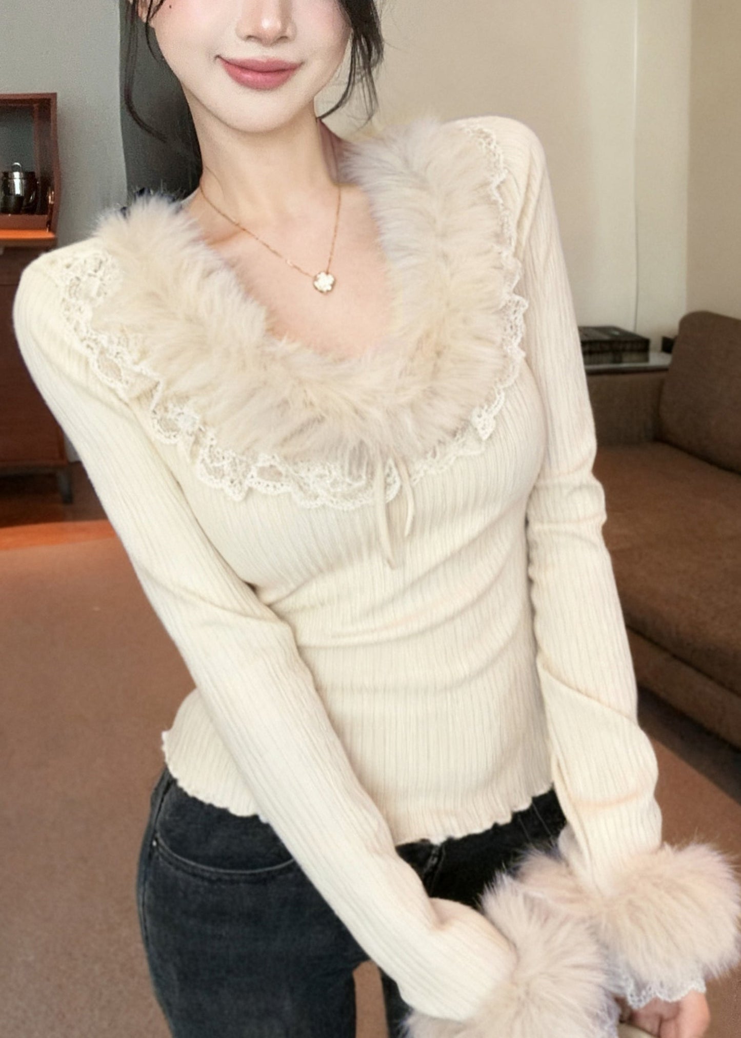 Apricot Fur Lace Patchwork Knit Top Spring