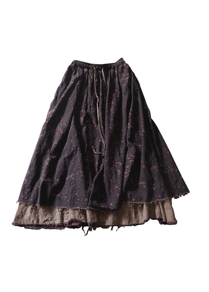 Black Elastic Waist Drawstring Print a Line Skirt Spring