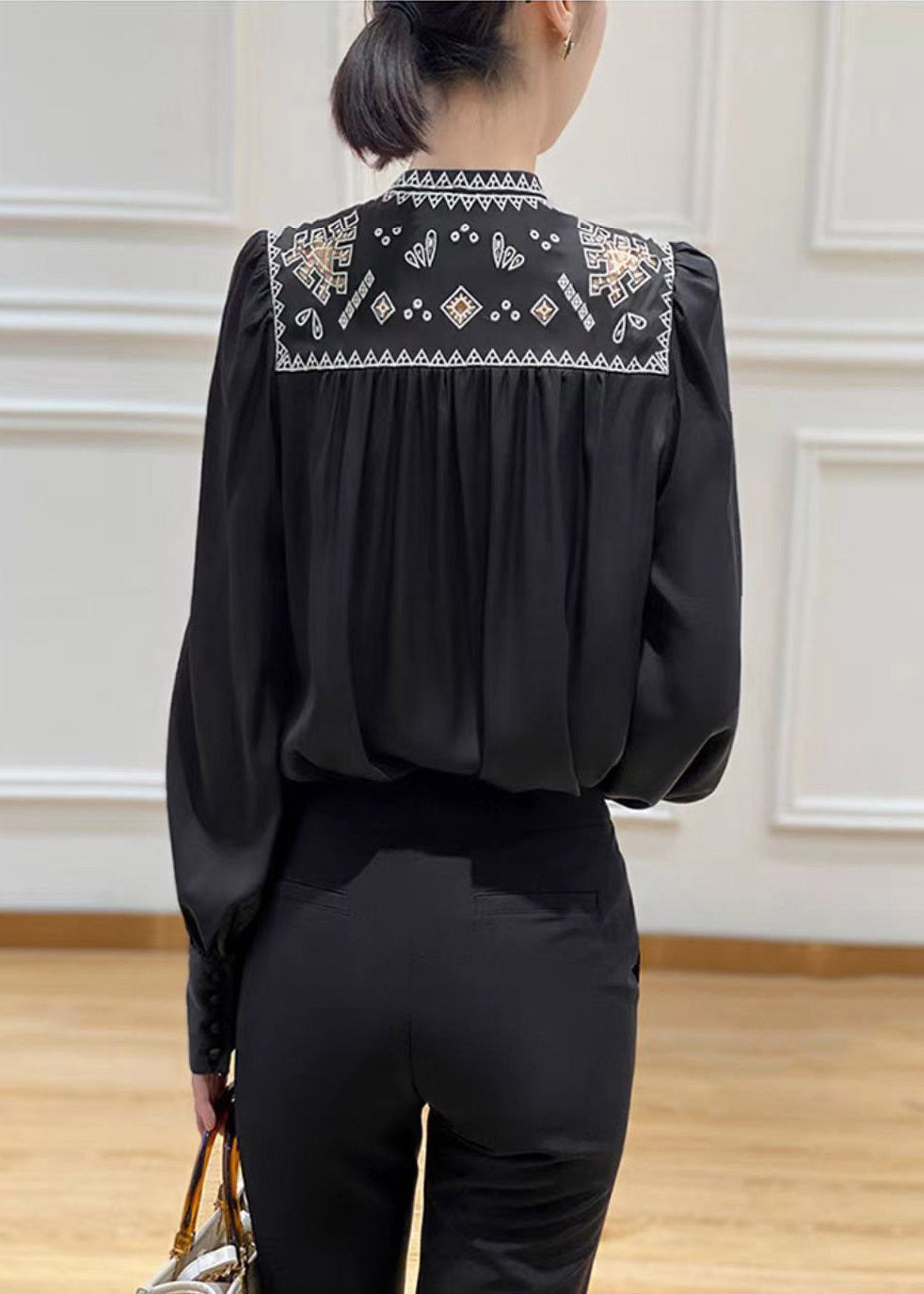 Black O-neck Hollow Out Button Silk Shirt Long Sleeve