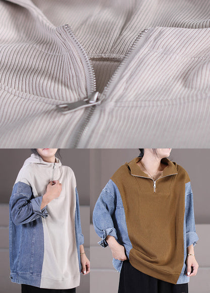 Khaki Zippered Patchwork Denim Hooded Top Long Sleeve