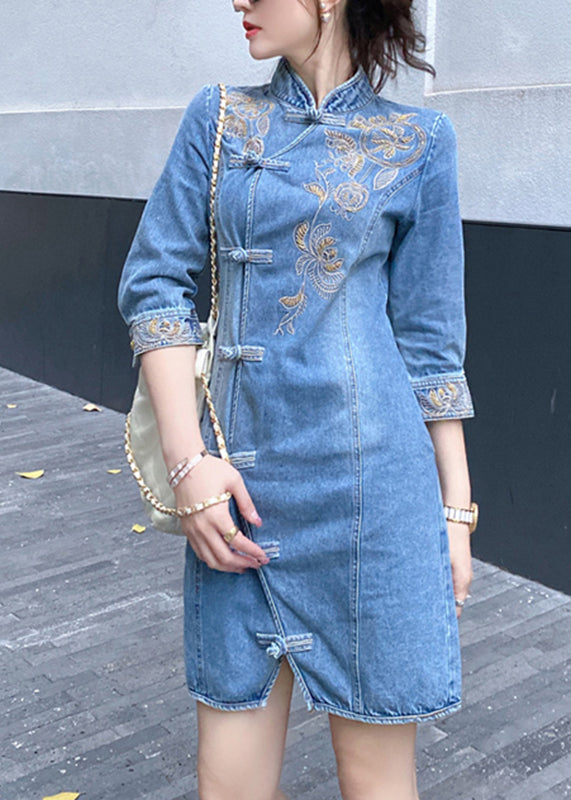 Slim Fit Blue Embroideried Button Denim Mid Dresses Bracelet Sleeve