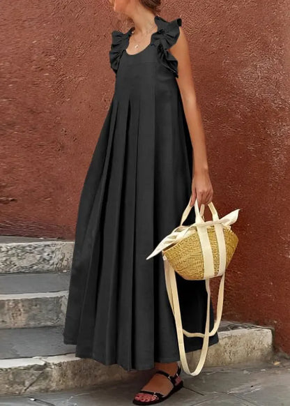 Apricot Ruffled Cotton Long Dress Sleeveless