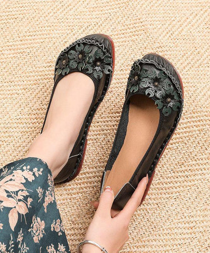 Black Cowhide Leather Flats Splicing Flat Feet Shoes