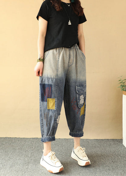 Loose Gradient Color Elastic Waist Ripped Jeans Summer