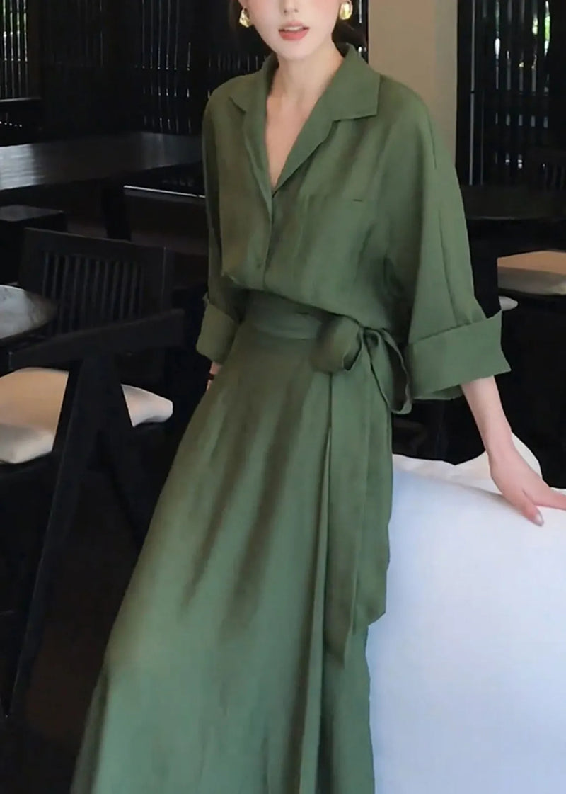 Green Peter Pan Collar Shirts and Skirts Cotton Two Pieces Set Spring