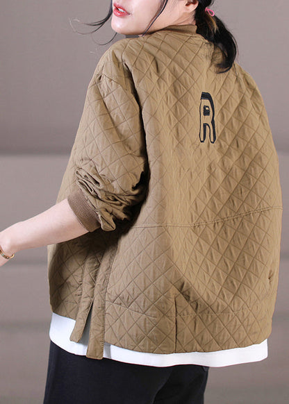 Unique Black O-neck Zippered Pockets Plaid Cotton Coat Long Sleeve