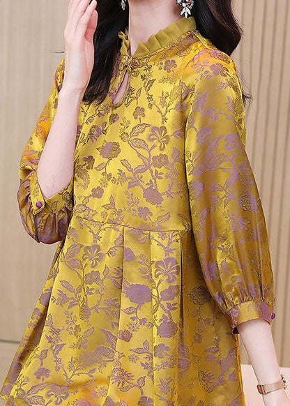 Gold Ruffled Patchwork Jacquard Silk Top Summer