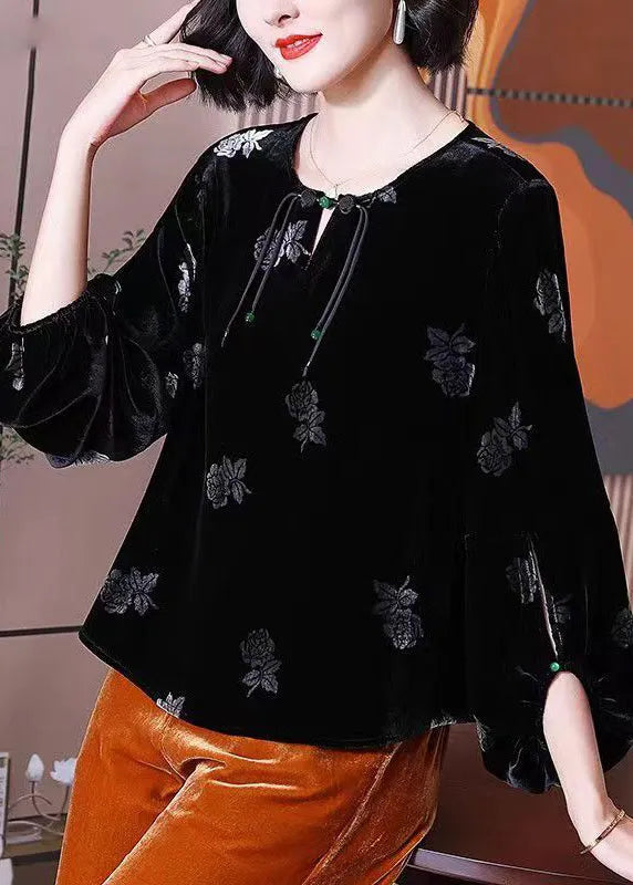 Black Tasseled Print Patchwork Velour Top Lantern Sleeve