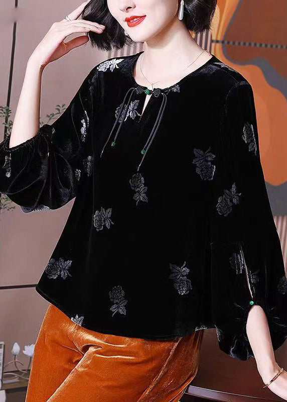 Black Tasseled Print Patchwork Velour Top Lantern Sleeve
