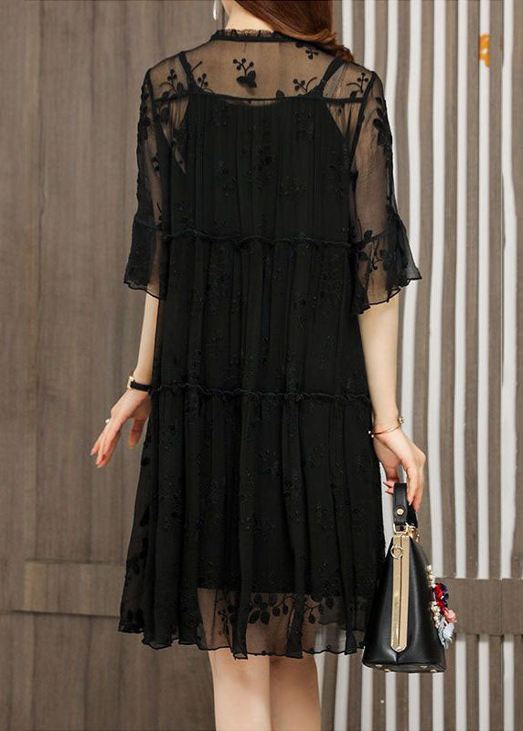 Unique Black O-neck Embroideried Patchwork Tulle Dress Half Sleeve