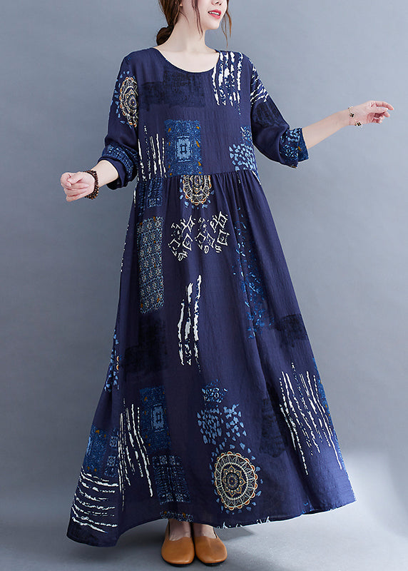 Blue O-neck Wrinkled Print Vacation Dresses Long Sleeve