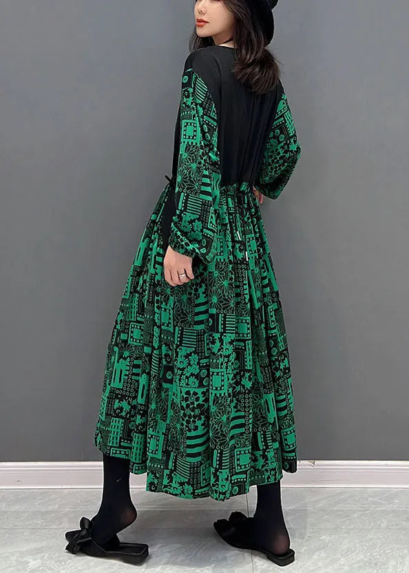 Green O-neck Patchwork Drawstring Cotton Maxi Dresses Fall