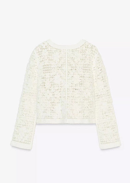 Italian White O Neck Button Hollow Out Cotton Short Coat Fall