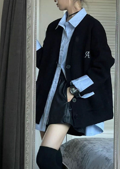 Simple Black V Neck Knit Cardigans and Blue Shirts Two Piece Set Fall