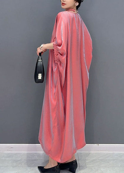 Pink O-neck Silk Long Dress Short Sleeve Summer