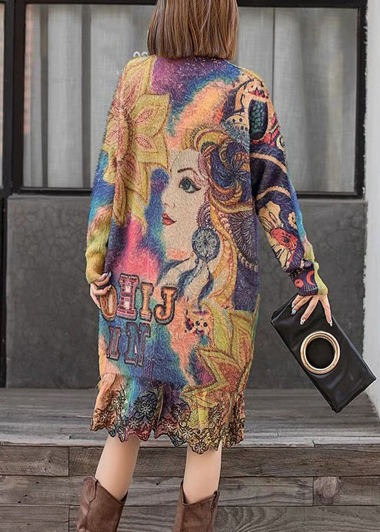 Butterfly Lace Patchwork Mink Velour Dress O Neck Long Sleeve