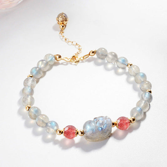 Buddha Stones Moonstone Strawberry Quartz Pixiu Healing Bracelet