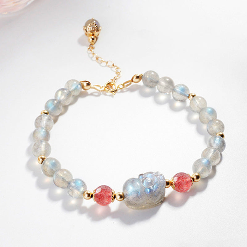 Buddha Stones Moonstone Strawberry Quartz Pixiu Healing Bracelet