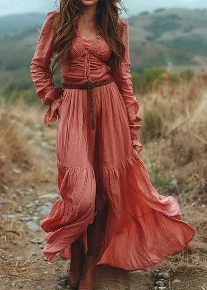 V Neck Ruffled Patchwork Cotton Long Dress Spring