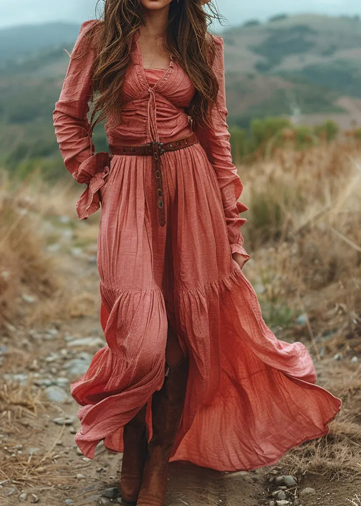 V Neck Ruffled Patchwork Cotton Long Dress Spring