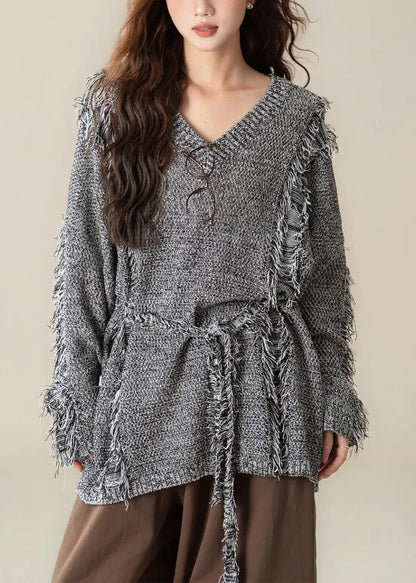 Loose Black V Neck Hole Cozy Knit Sweater Spring