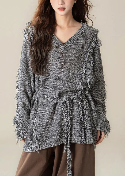 Loose Black V Neck Hole Cozy Knit Sweater Spring