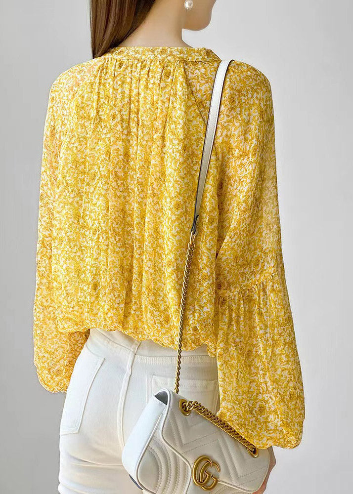 Yellow Stand Collar Print Button Lace Up Chiffon Shirt Long Sleeve