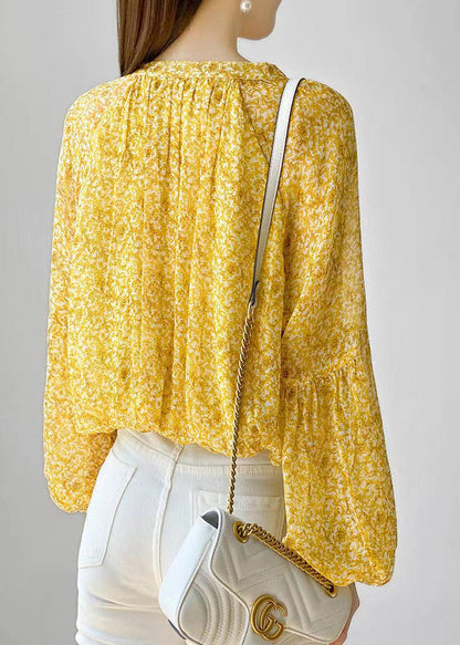 Yellow Stand Collar Print Button Lace Up Chiffon Shirt Long Sleeve