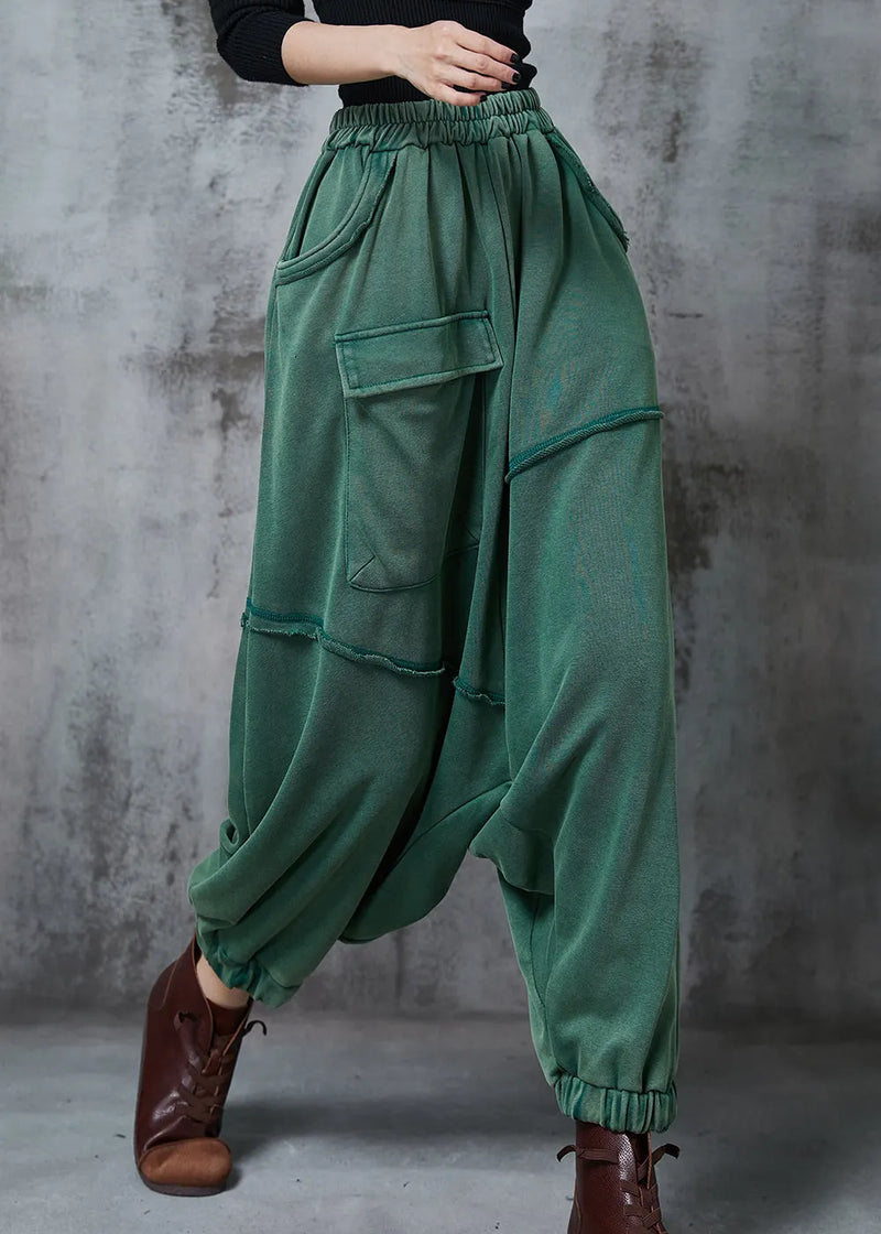 Green Oversized Asymmetrical Cotton Harem Pants Fall