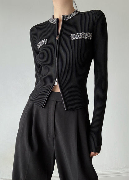 Stylish Black O-neck Zip Up Zircon Wool Cardigans Spring
