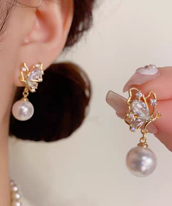 Gold Copper Overgild Zircon Pearl Butterfly Drop Earrings