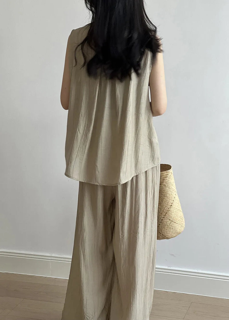 New Khaki Tops and Pants Cotton Two Pieces Set Summer