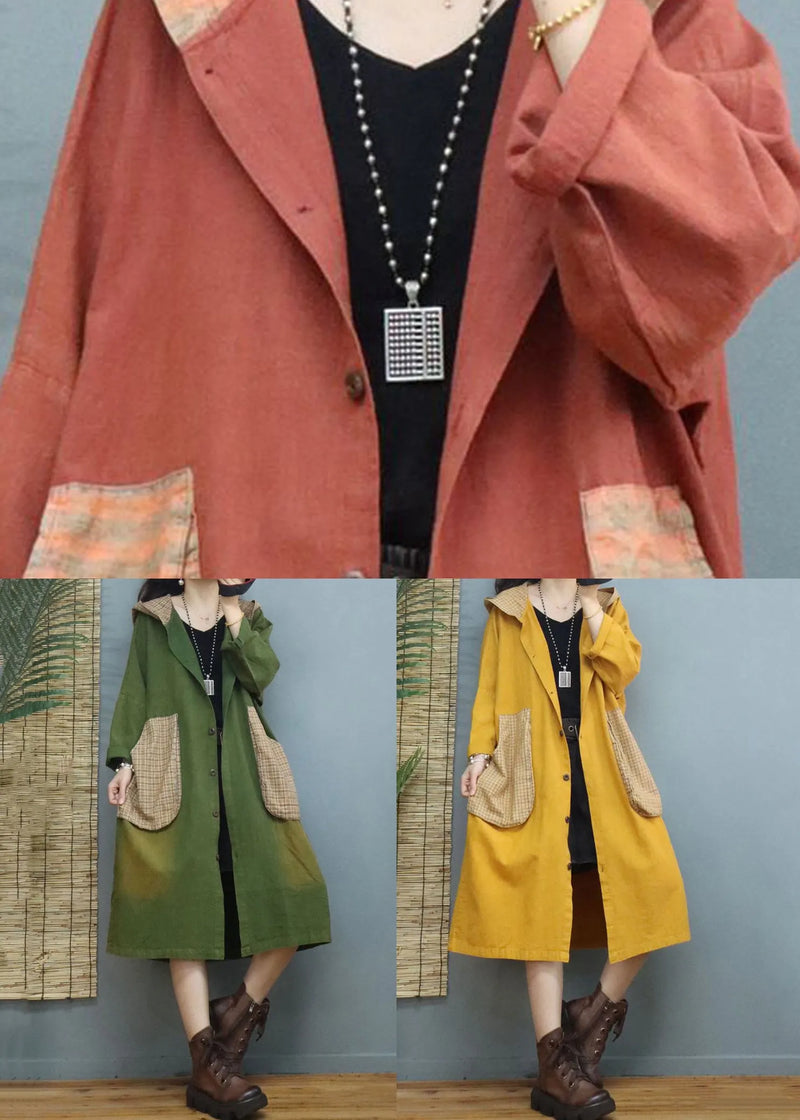 Green Plaid Pockets Patchwork Cotton Coats Fall