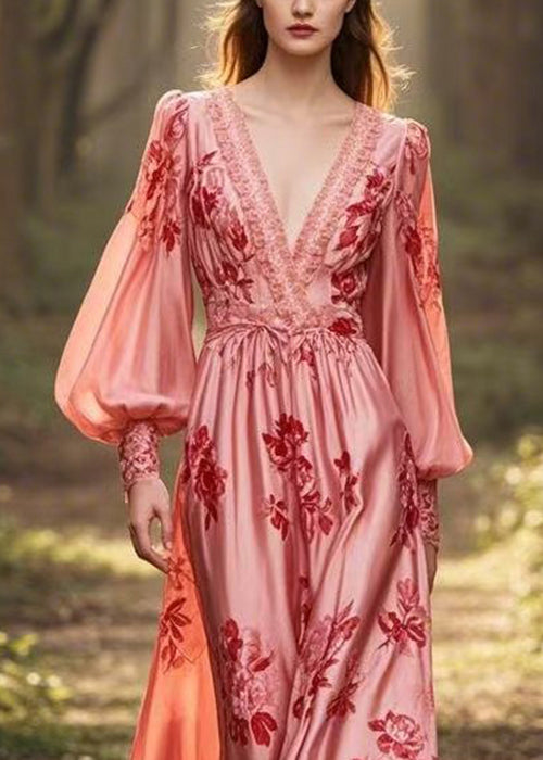 Stylish Pink V Neck Print Silk Dresses Lantern Sleeve Spring