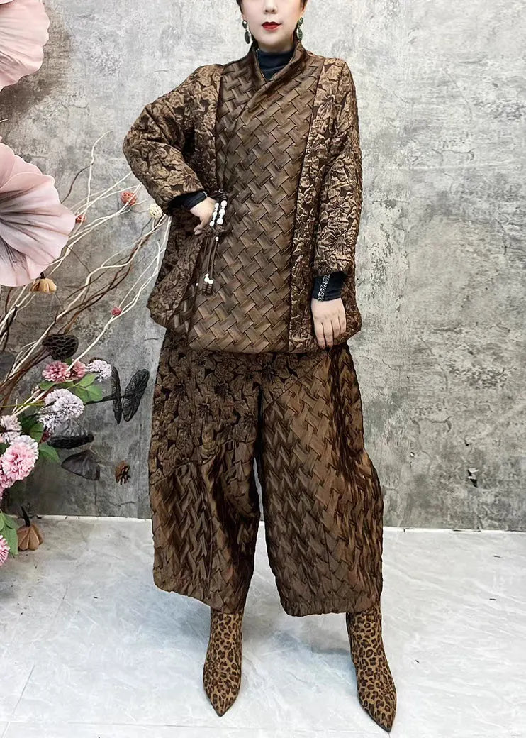 Jacquard Coffee Patchwork Coats and Lantern Pants Cotton Filled Two Pieces Set Spring