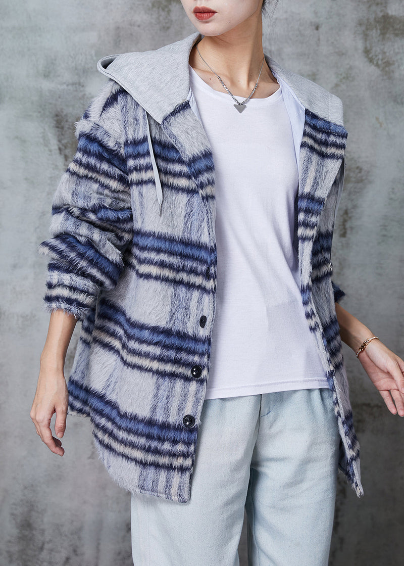 Blue Hooded Plaid Fine Cotton Filled Coat Winter