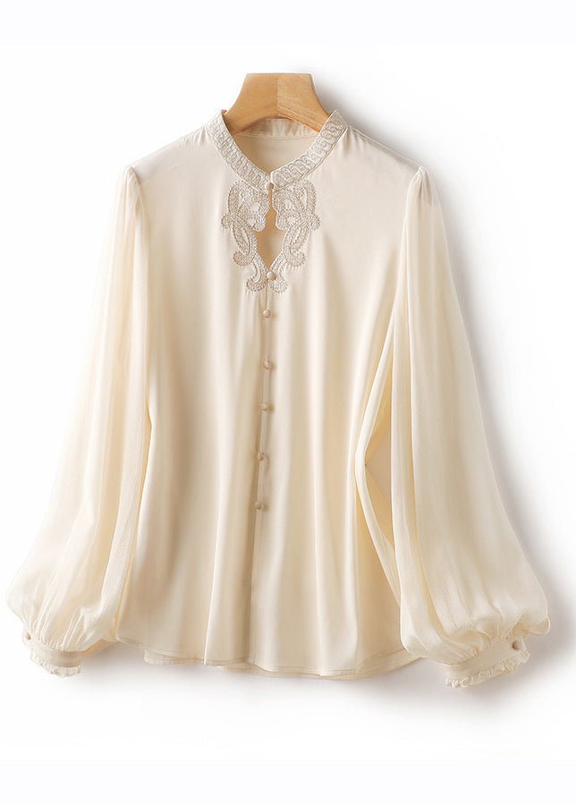Black Embroideried Button Silk Shirts Long Sleeve