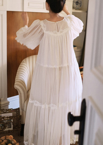 White Wrinkled Lace Patchwork Tulle Pajamas Dresses Half Sleeve