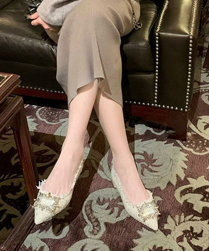 Beige French Zircon Splicing Flat Feet Shoes Pointed Toe